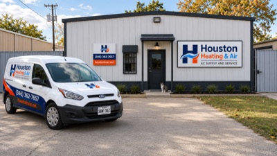 Houston Heating & Air office exterior with branded service van