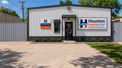 Reception area with customer service desk at Houston HVAC office