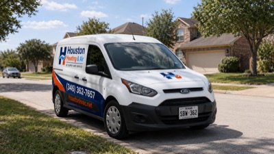 Branded HVAC service van in residential driveway