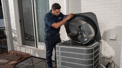 HVAC technician standing next to service van